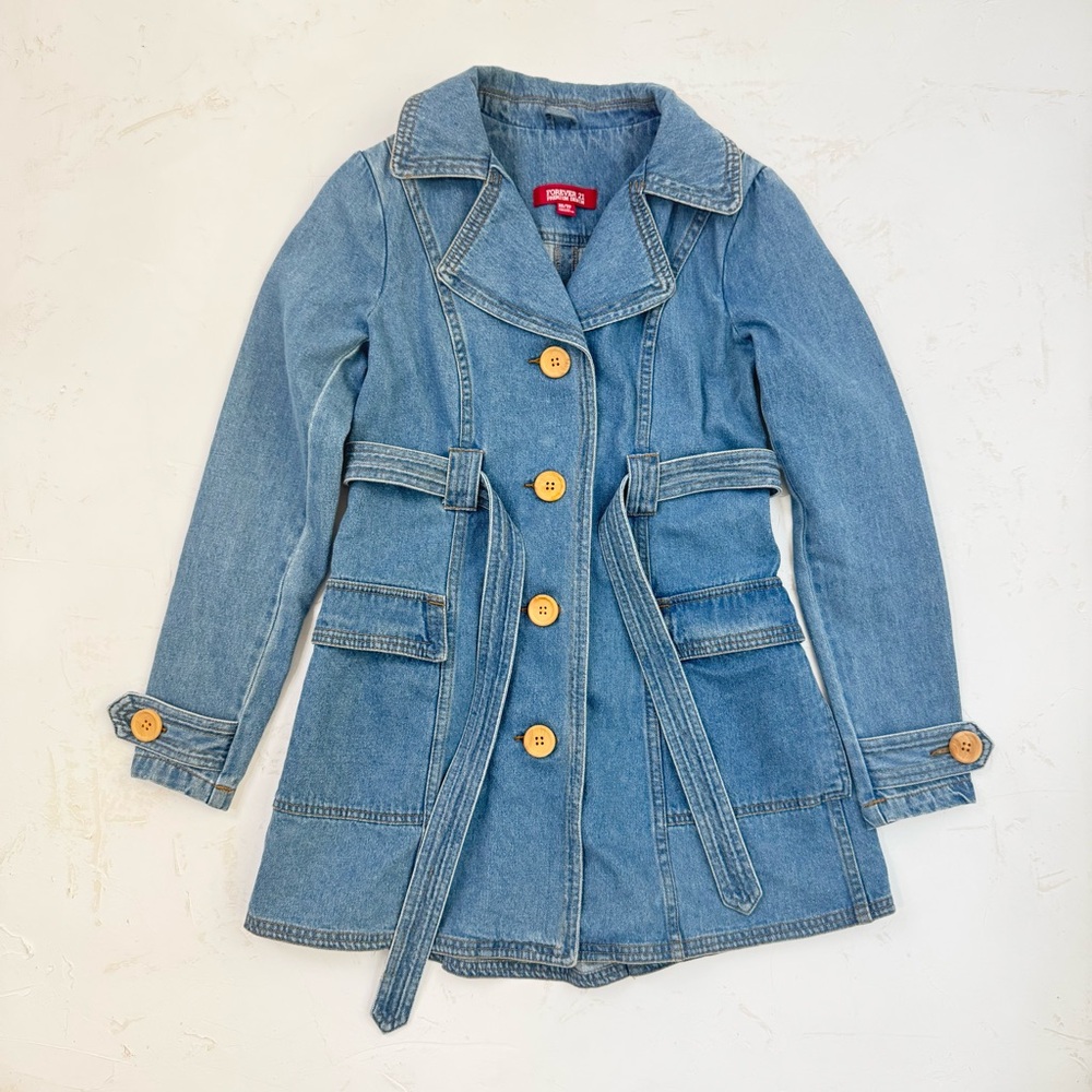 Vintage Forever 21 Denim Belted Jacket 2000s Y2K Trench Style XS - Picture 2 of 11